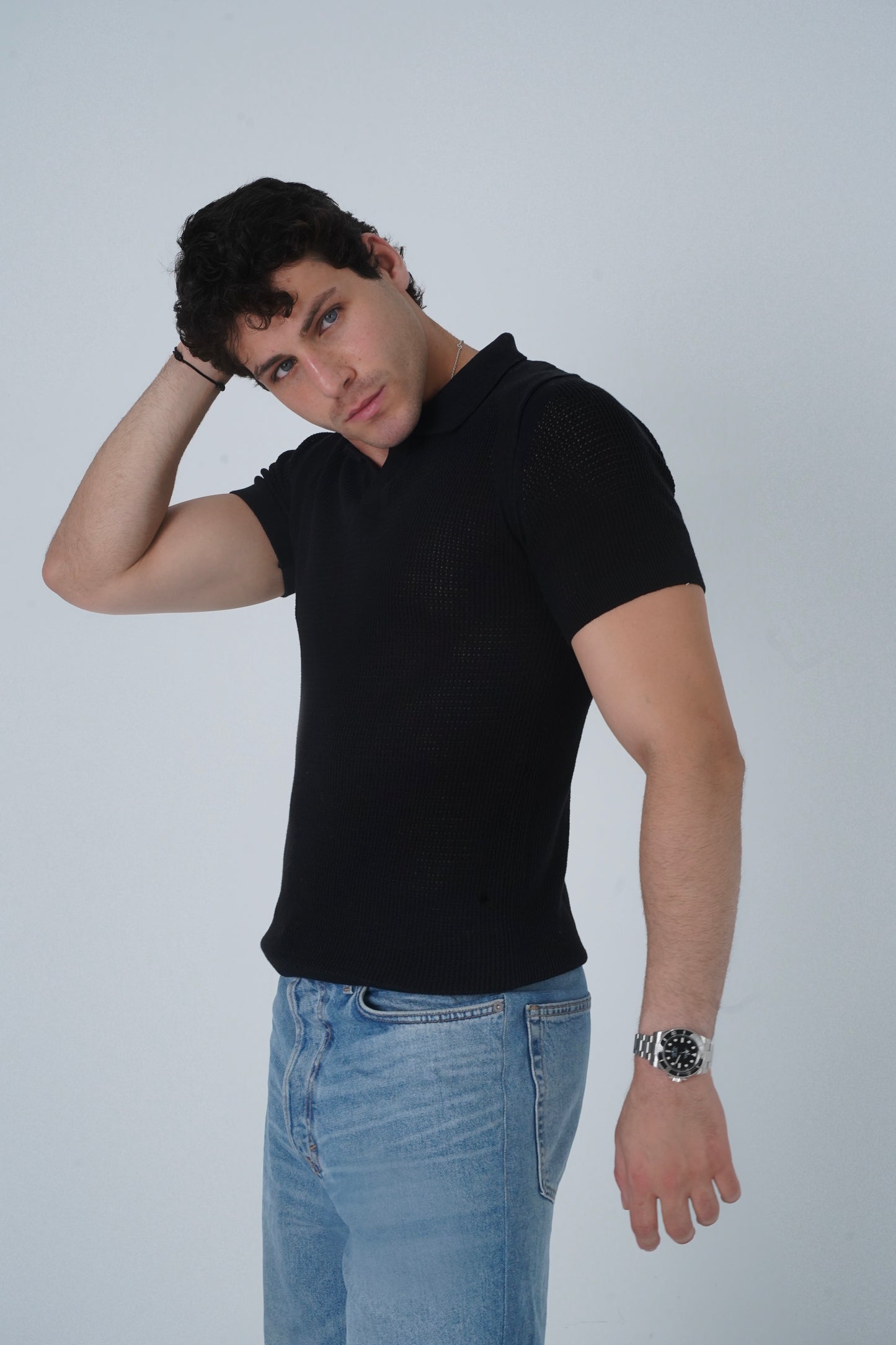 BLACK CROCHET KNIT POLO SHIRT
