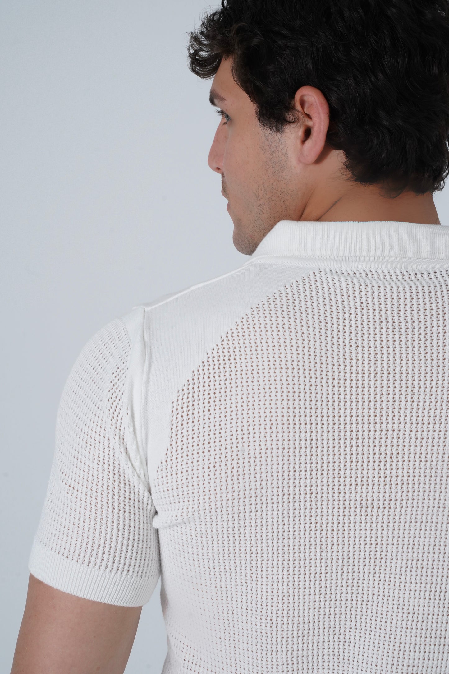 WHITE CROCHET KNIT POLO SHIRT