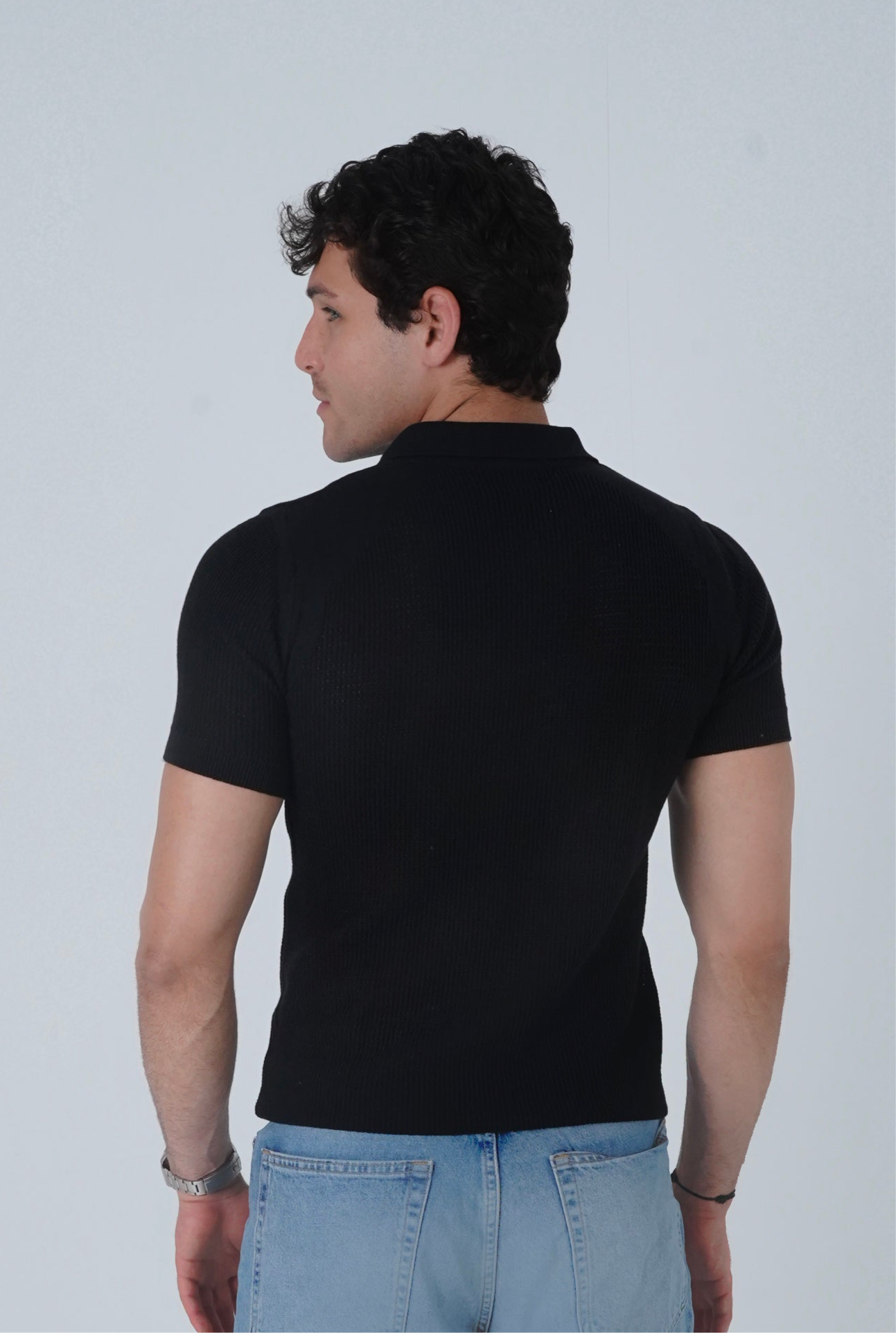 BLACK CROCHET KNIT POLO SHIRT