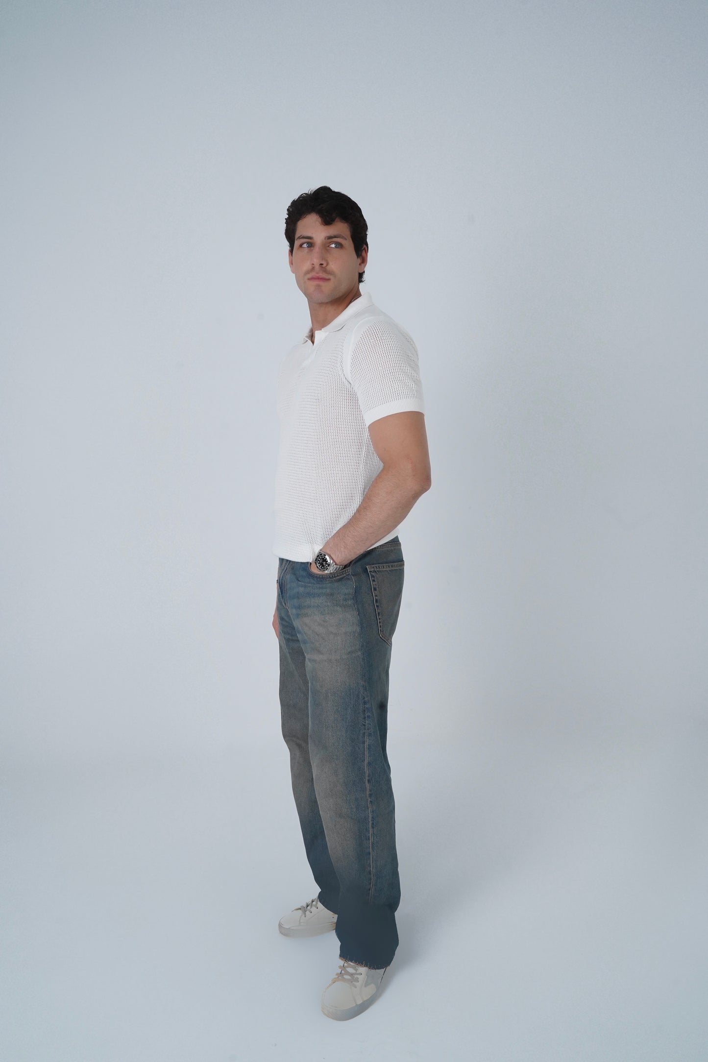 WHITE CROCHET KNIT POLO SHIRT