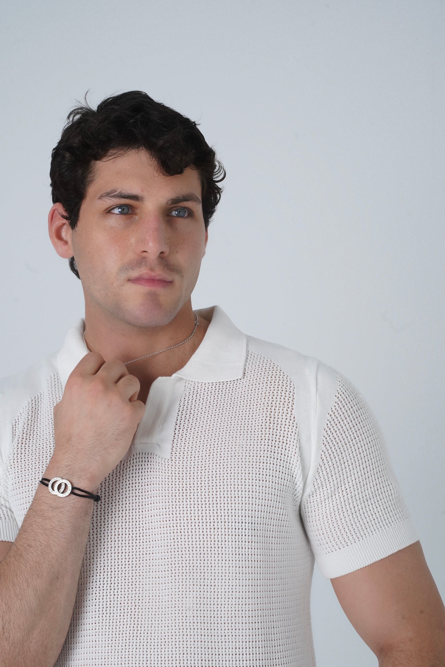 WHITE CROCHET KNIT POLO SHIRT