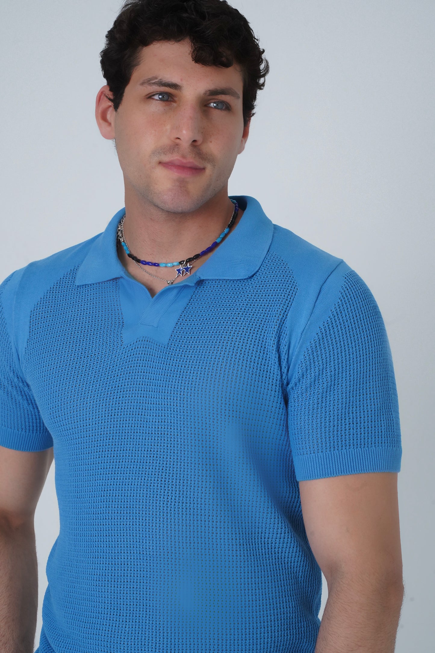 LIGHT BLUE CROCHET KNIT POLO SHIRT