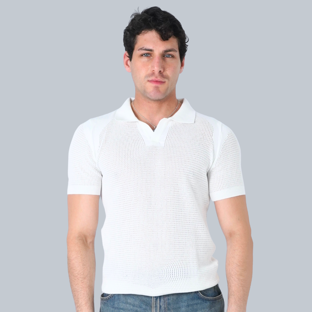 WHITE CROCHET KNIT POLO SHIRT