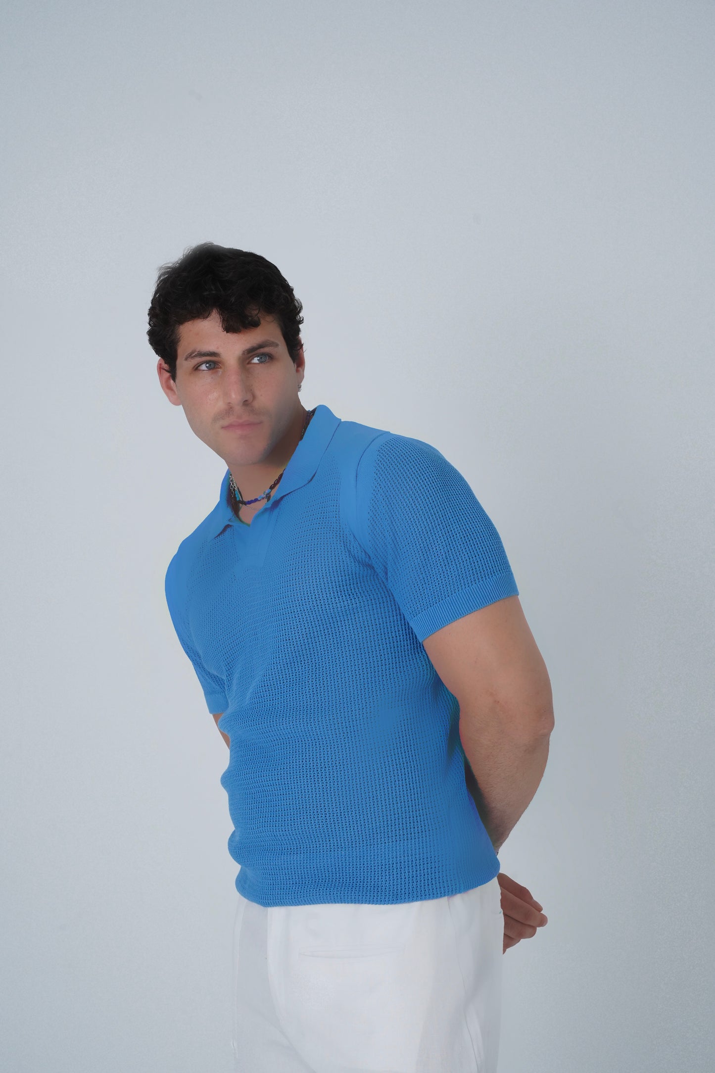 LIGHT BLUE CROCHET KNIT POLO SHIRT