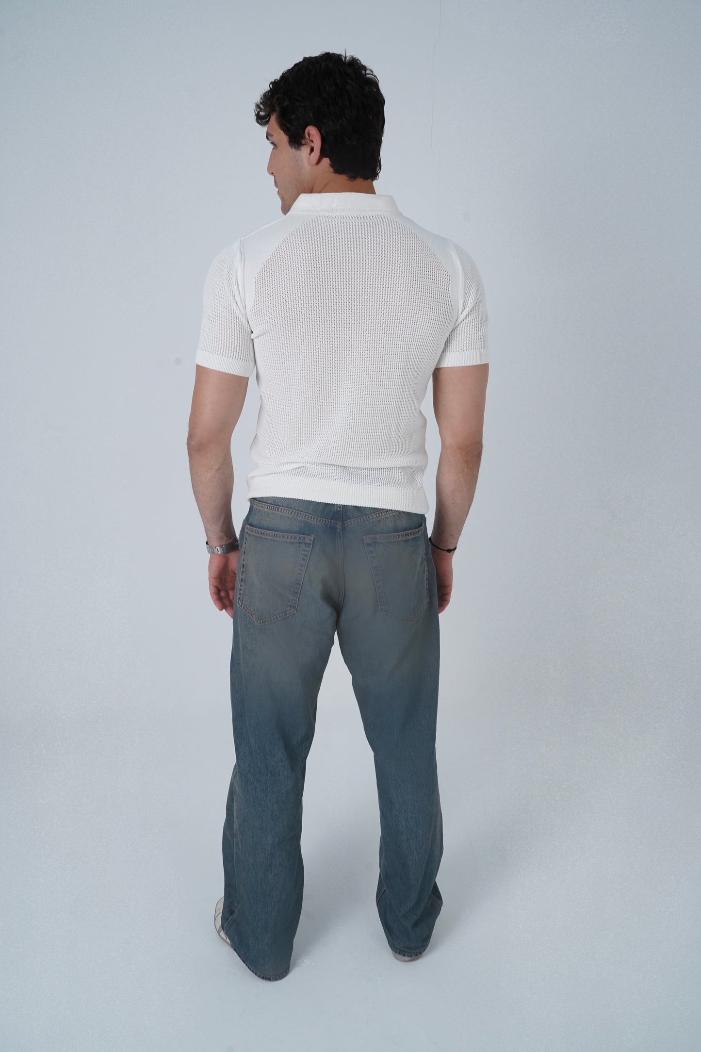WHITE CROCHET KNIT POLO SHIRT