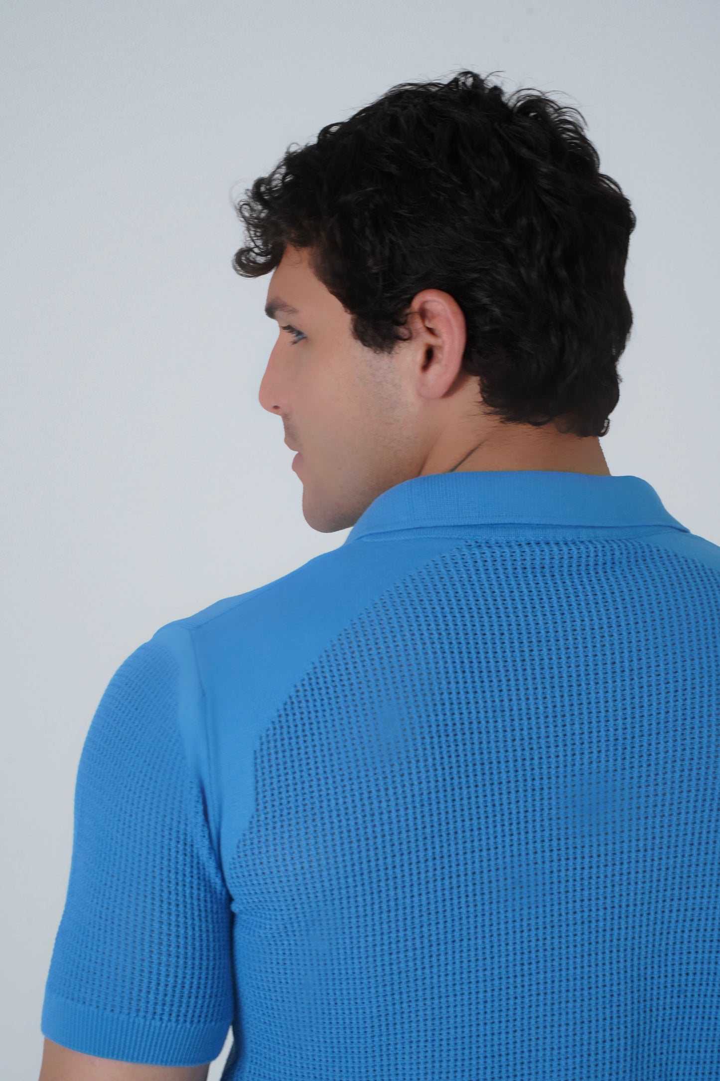 LIGHT BLUE CROCHET KNIT POLO SHIRT