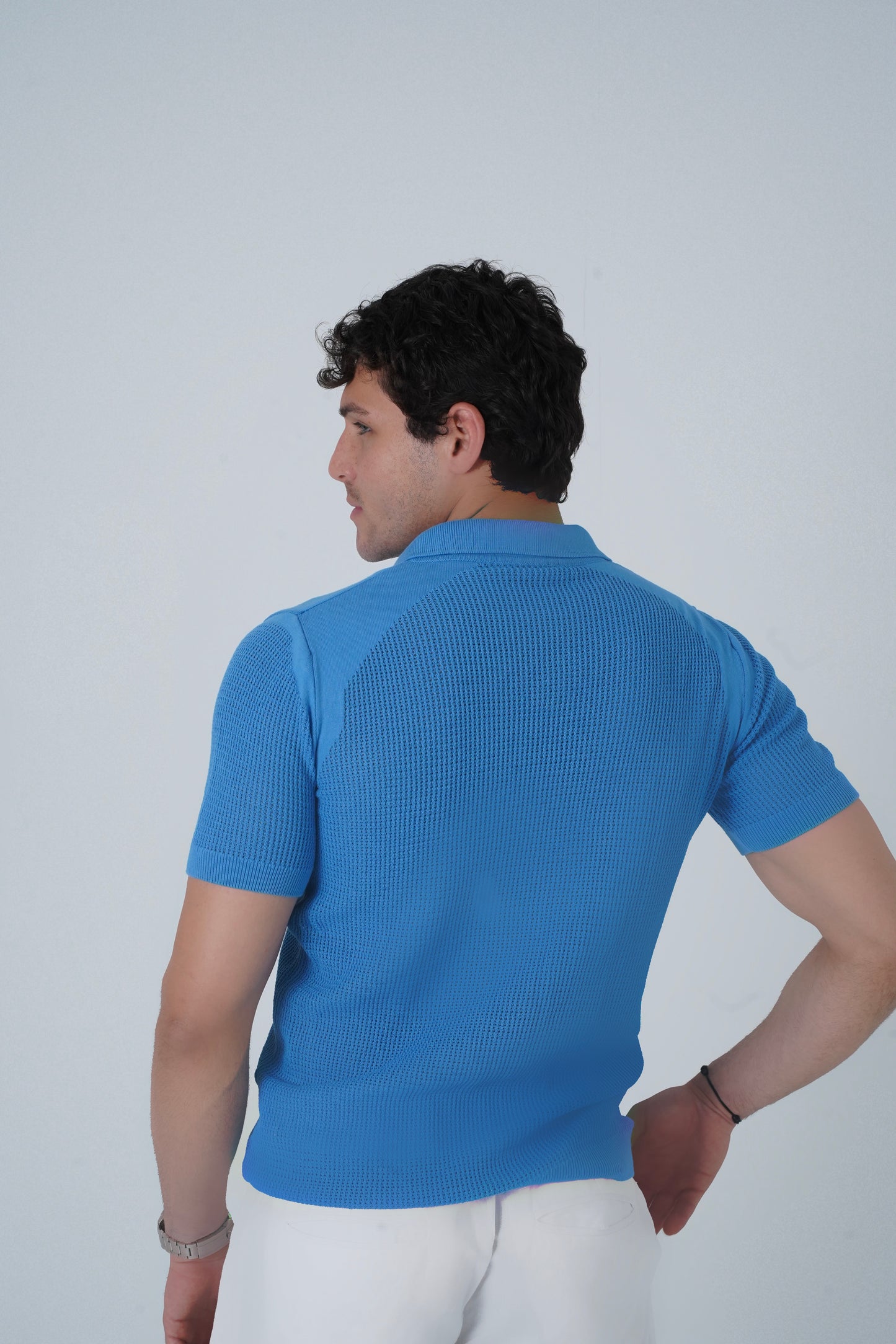 LIGHT BLUE CROCHET KNIT POLO SHIRT