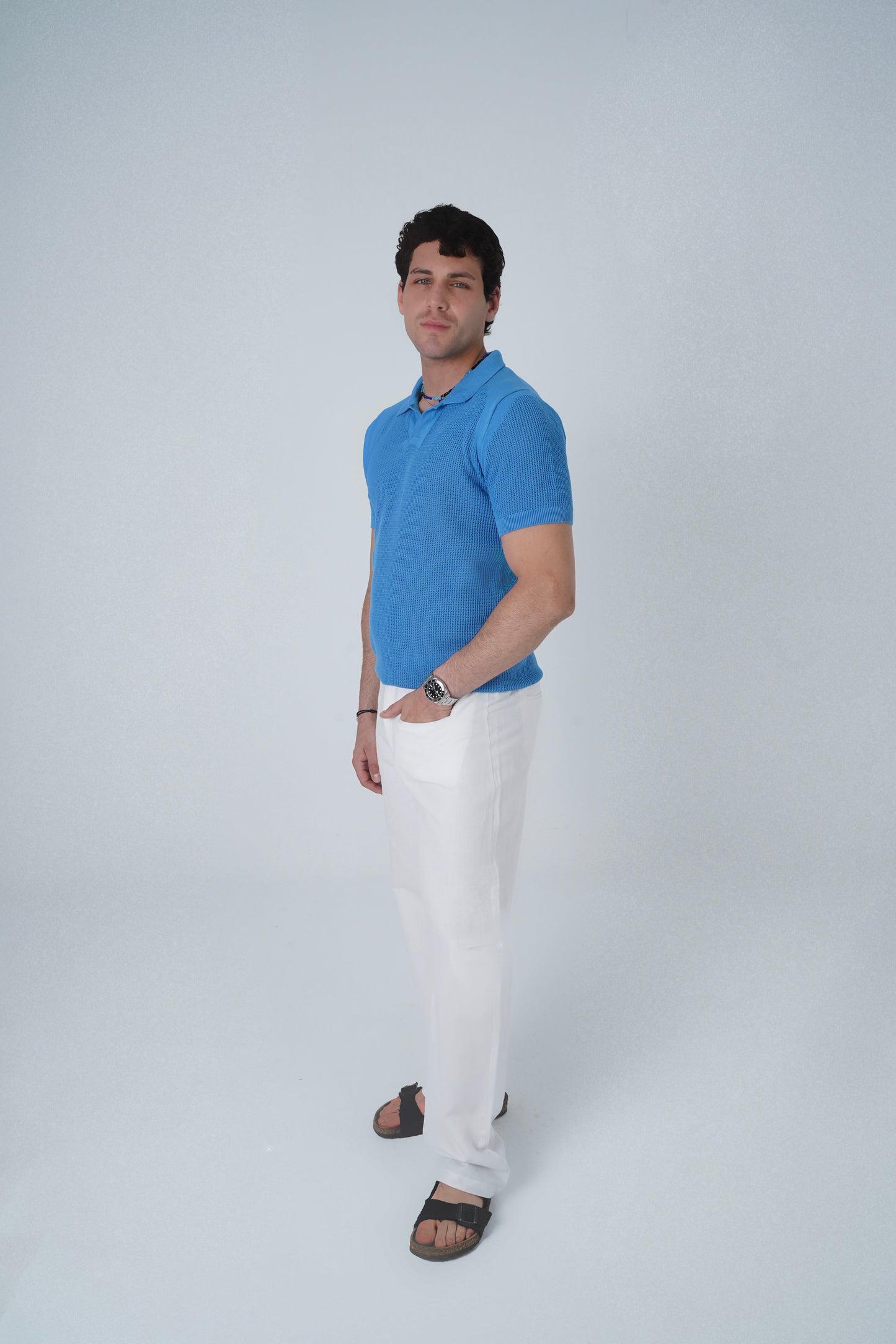 LIGHT BLUE CROCHET KNIT POLO SHIRT