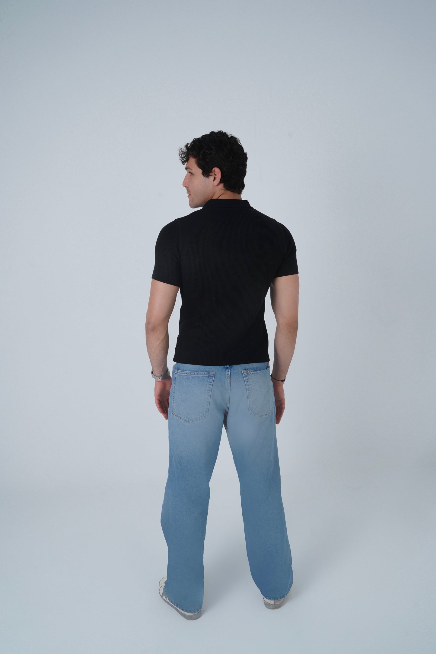 BLACK CROCHET KNIT POLO SHIRT