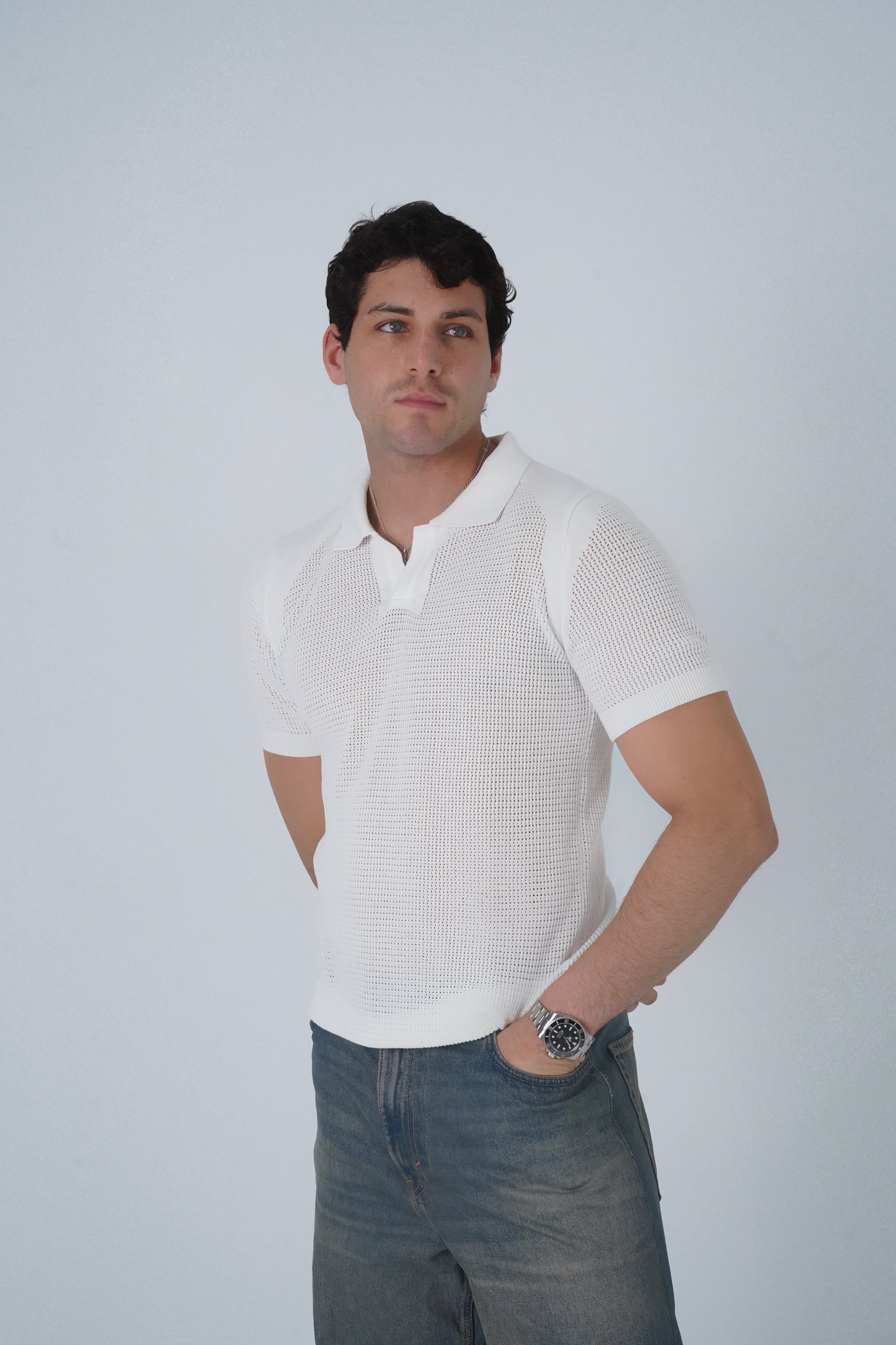 WHITE CROCHET KNIT POLO SHIRT