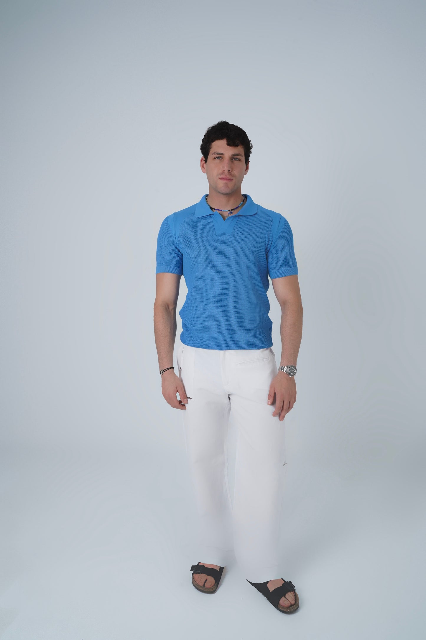 LIGHT BLUE CROCHET KNIT POLO SHIRT