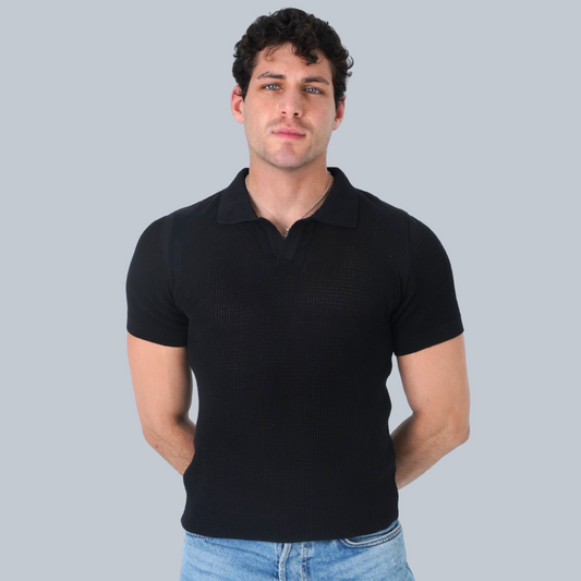 BLACK CROCHET KNIT POLO SHIRT