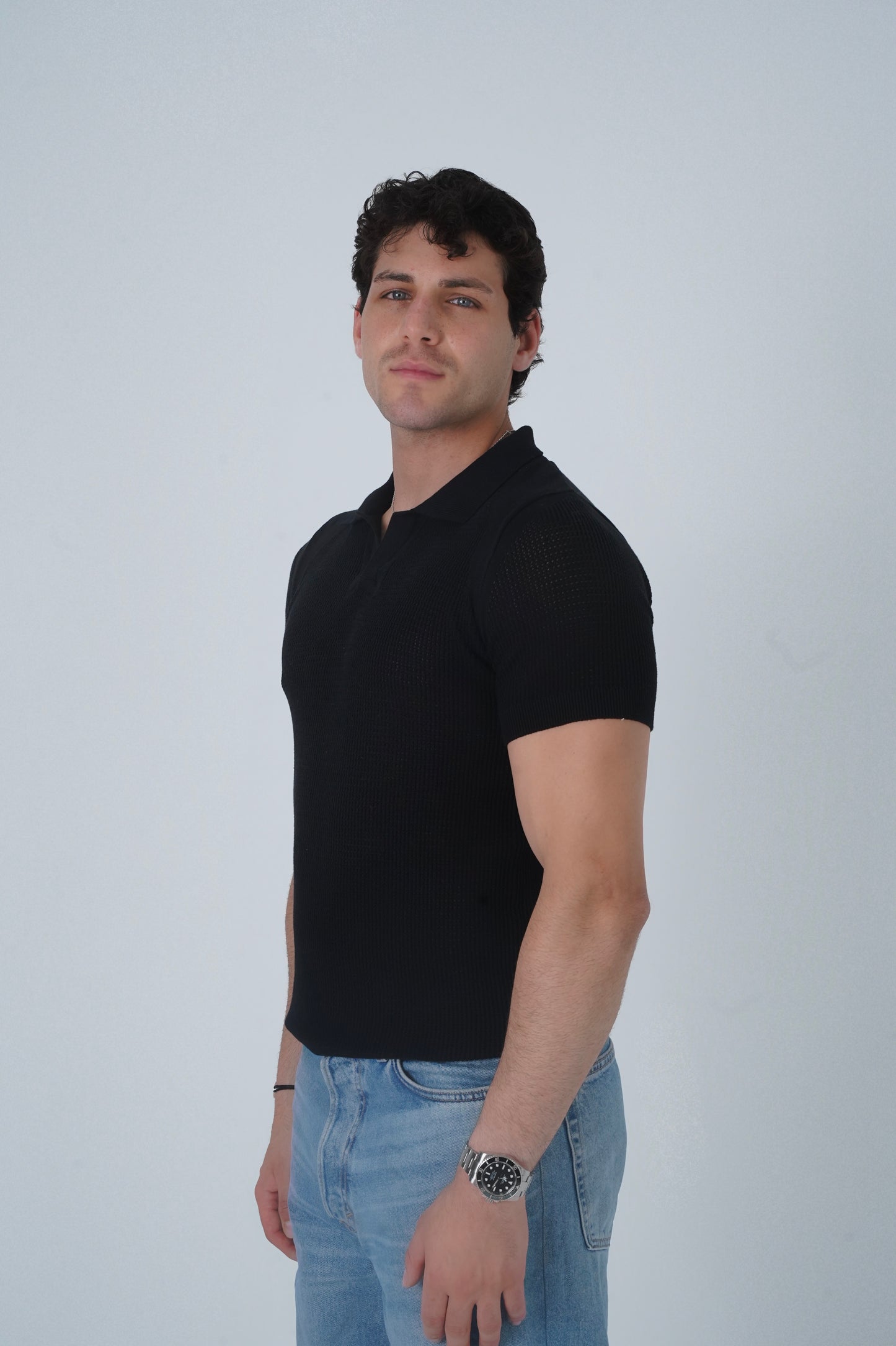 BLACK CROCHET KNIT POLO SHIRT