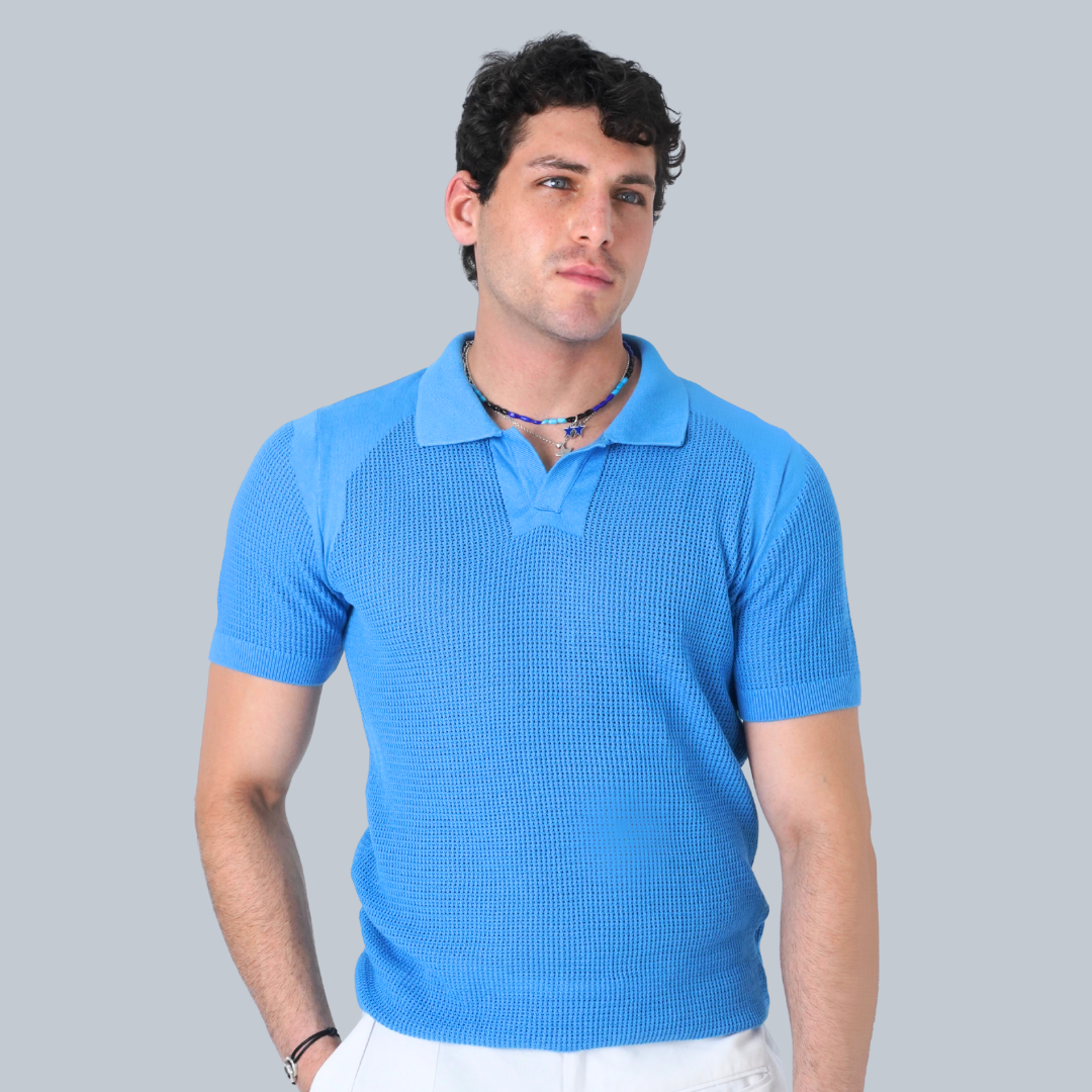 LIGHT BLUE CROCHET KNIT POLO SHIRT