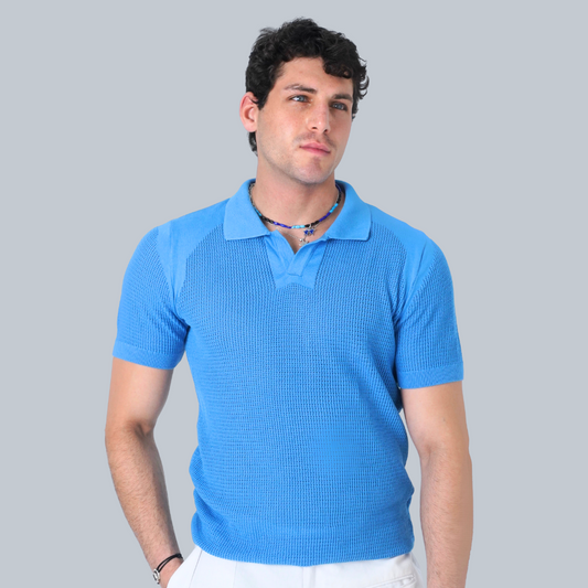 LIGHT BLUE CROCHET KNIT POLO SHIRT