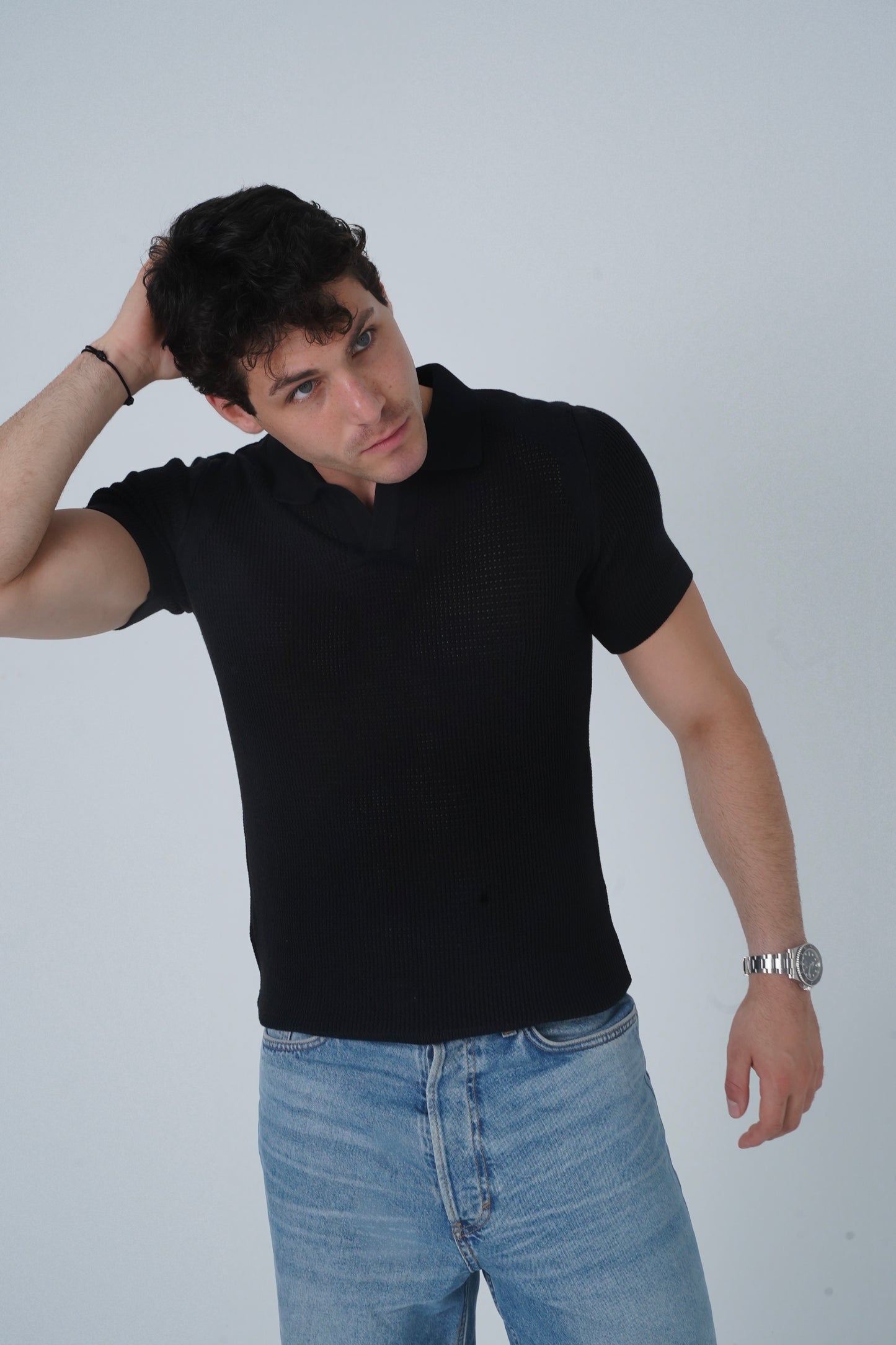 BLACK CROCHET KNIT POLO SHIRT